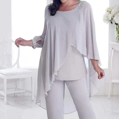 2Pcs Mother of The Bride Pant Suit with Cloak Beaded Formal Evening Outfit Set