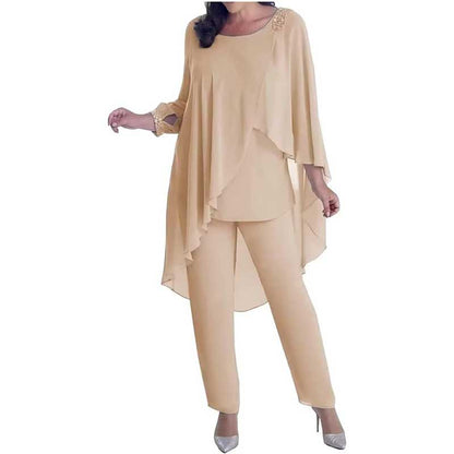 2Pcs Mother of The Bride Pant Suit with Cloak Beaded Formal Evening Outfit Set