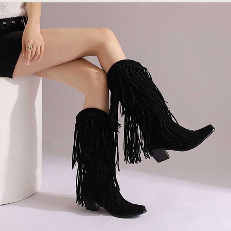 Women's Suede Cowboy Boots With Fringe