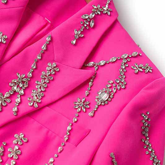 Women Sparkly Fuchsia Blazer Long Hand Stitched Stones Coat Cocktail Blazer Dress