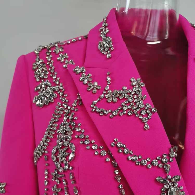 Women Sparkly Fuchsia Blazer Long Hand Stitched Stones Coat Cocktail Blazer Dress