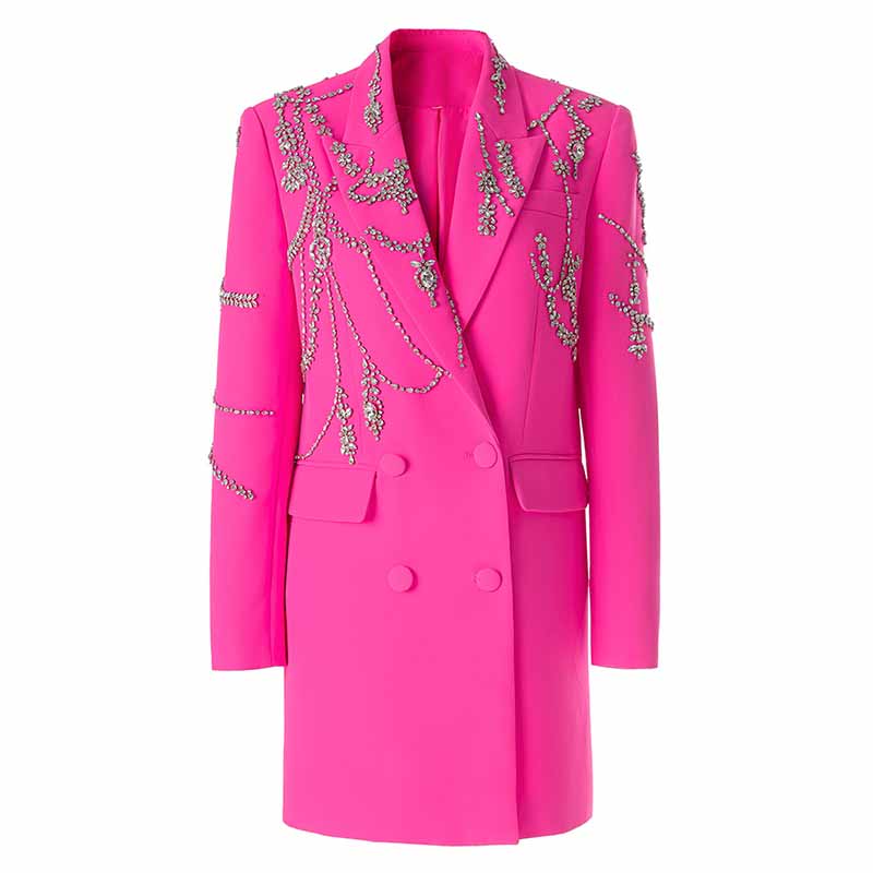 Women Sparkly Fuchsia Blazer Long Hand Stitched Stones Coat Cocktail Blazer Dress