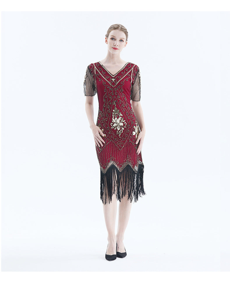 Womens 1920s Flapper Dress Vintage Fringe Dress Roaring 20s Sequins Beaded Dress