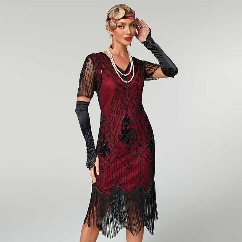 Womens 1920s Flapper Dress Vintage Fringe Dress Roaring 20s Sequins Beaded Dress