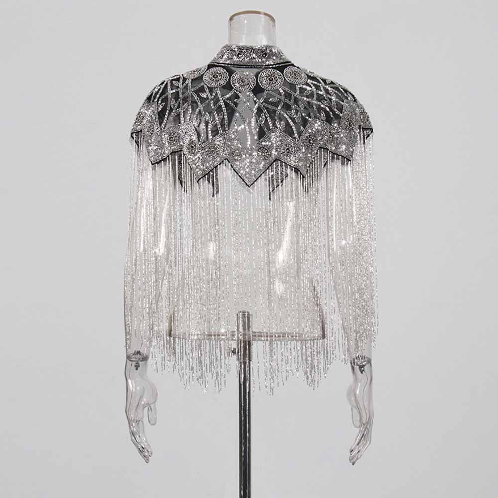 Gatsby style beaded fringe cape in silver with intricate detailing and elegant fringe design