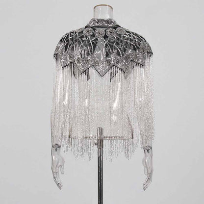 Gatsby style beaded fringe cape in silver with intricate detailing and elegant fringe design