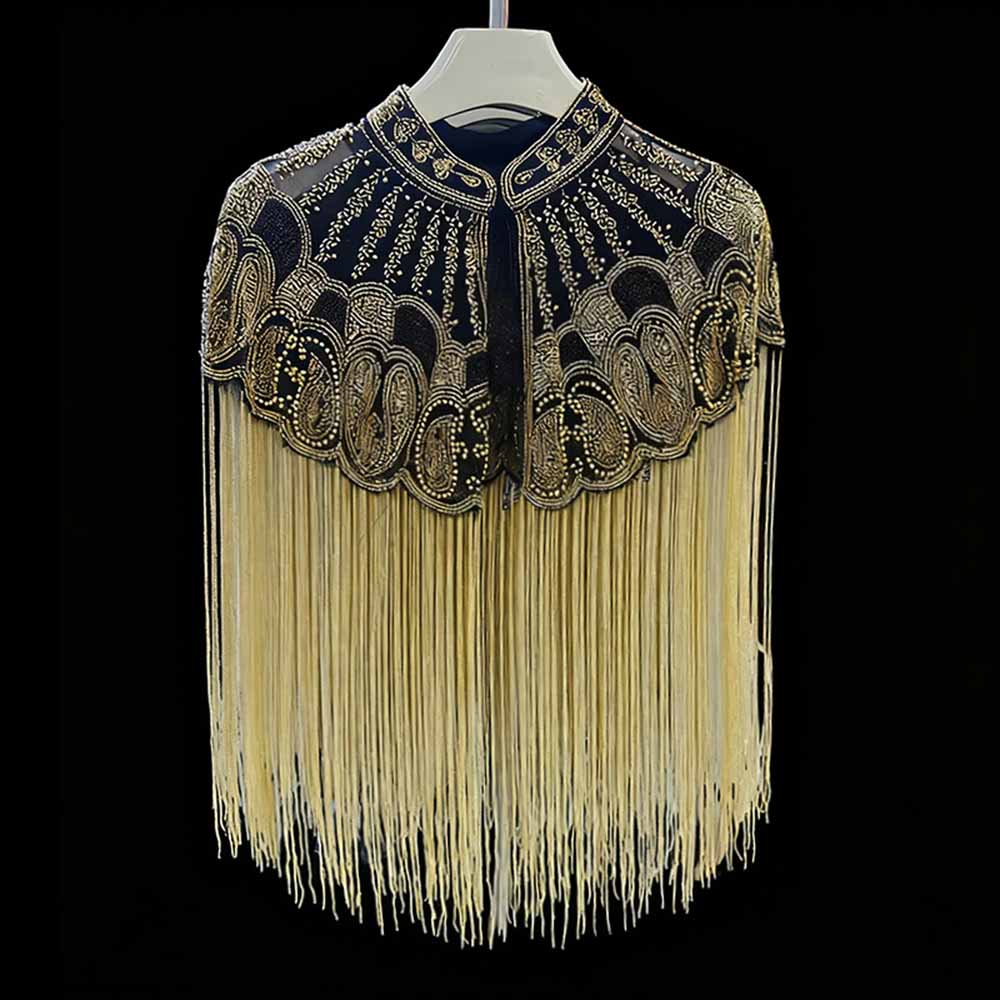 Elegant gatsby style beaded fringe cape with intricate beadwork and flowing fringe for vintage-inspired fashion