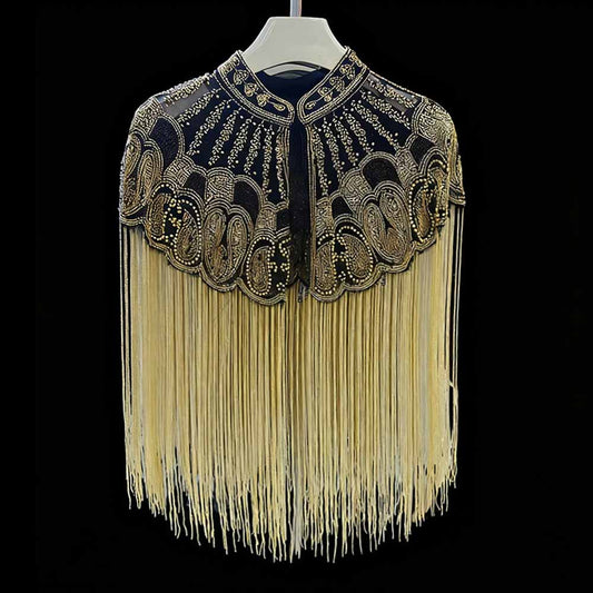 Elegant gatsby style beaded fringe cape with intricate beadwork and flowing fringe for vintage-inspired fashion