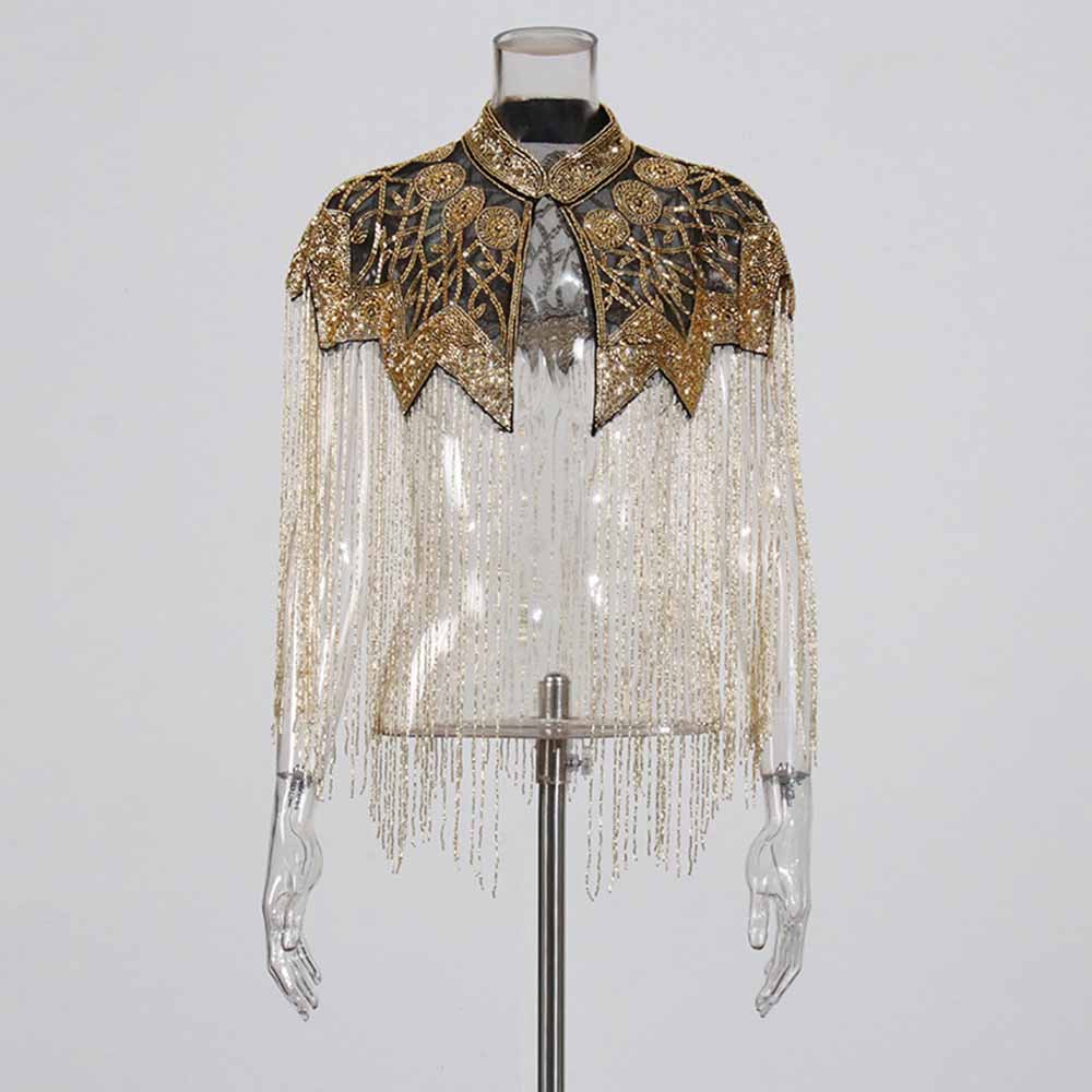 Elegant gatsby style beaded fringe cape with intricate designs and sparkling embellishments