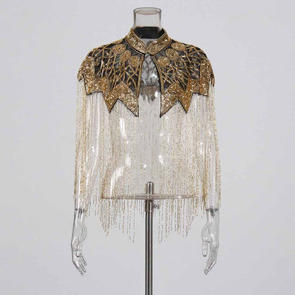 Elegant gatsby style beaded fringe cape with intricate designs and sparkling embellishments
