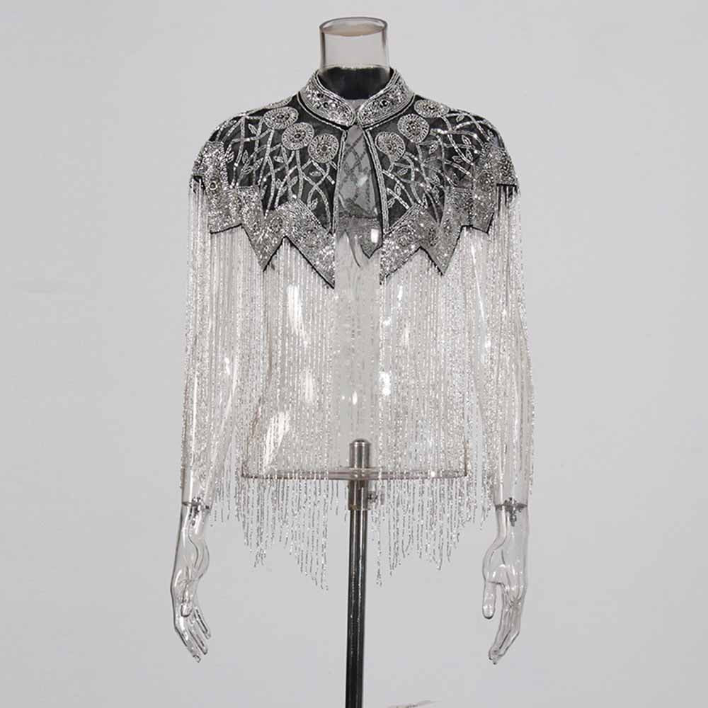 Gatsby style beaded fringe cape with intricate beadwork and elegant design for formal occasions