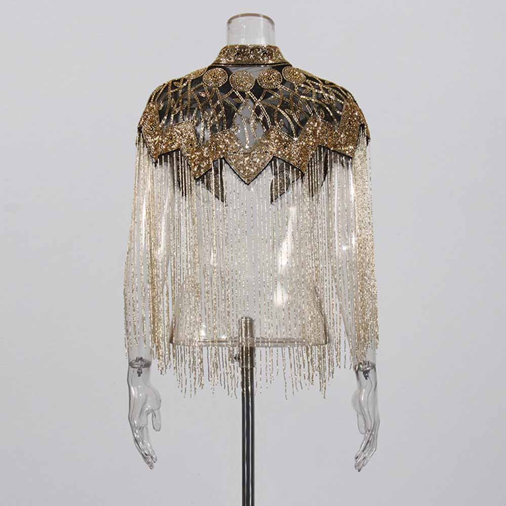 Gatsby style beaded fringe cape with intricate beadwork and dangling fringe for a vintage-inspired look