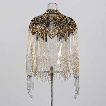 Gatsby style beaded fringe cape with intricate beadwork and dangling fringe for a vintage-inspired look