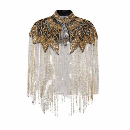 Gatsby style beaded fringe cape with intricate gold detailing and shimmering accents