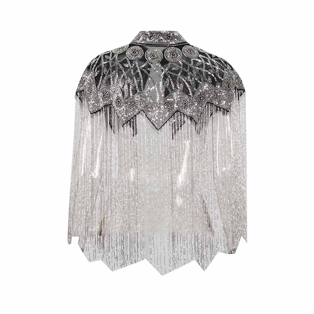 Gatsby style beaded fringe cape with intricate silver detailing and sparkling fringe for elegant occasions
