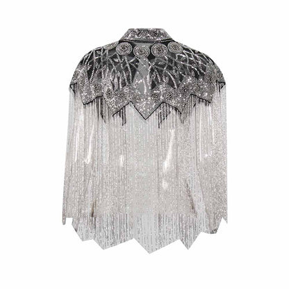 Gatsby style beaded fringe cape with intricate silver detailing and sparkling fringe for elegant occasions