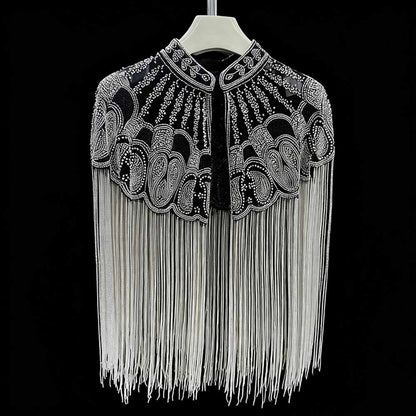 Elegant Gatsby style beaded fringe cape featuring intricate beadwork and flowing fringes
