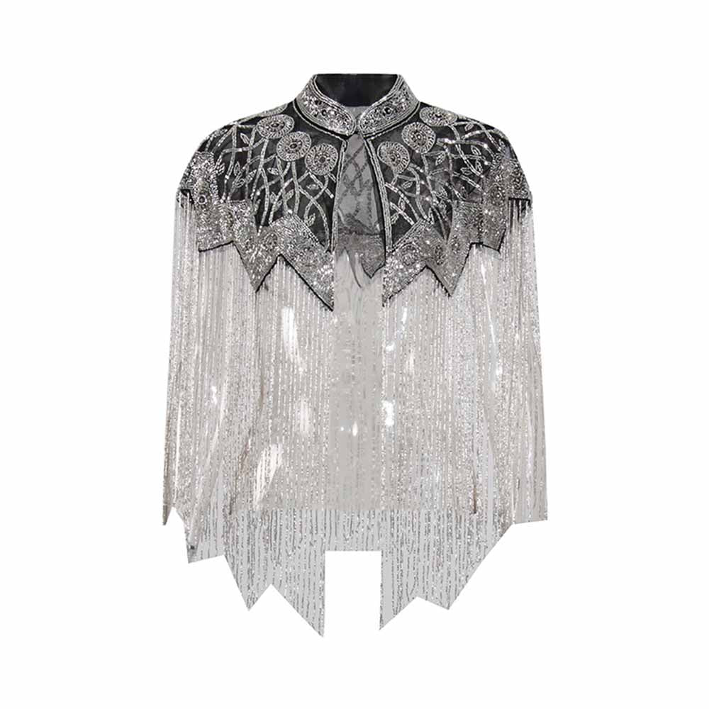 Elegant gatsby style beaded fringe cape with a shimmering design and detailed neck for a glamorous look