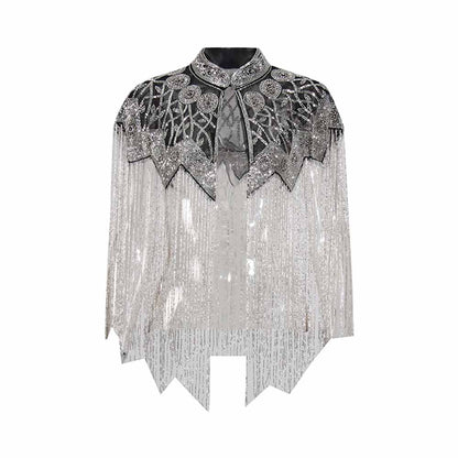 Elegant gatsby style beaded fringe cape with a shimmering design and detailed neck for a glamorous look