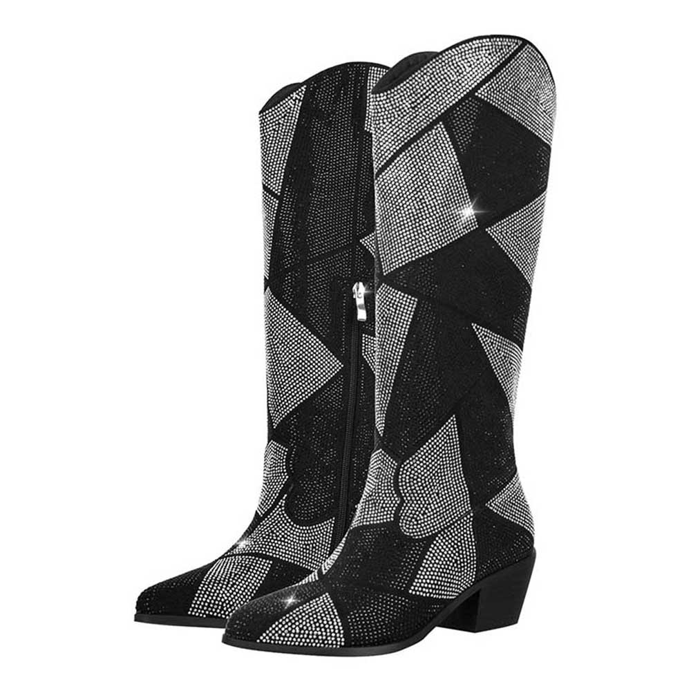 Stylish geometric rhinestone knee high boots with a unique black and silver design and a comfortable heel