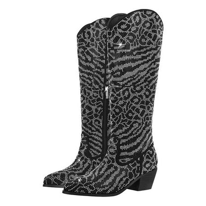 Geometric rhinestone knee high boots with stylish design and zipper detail for a trendy look