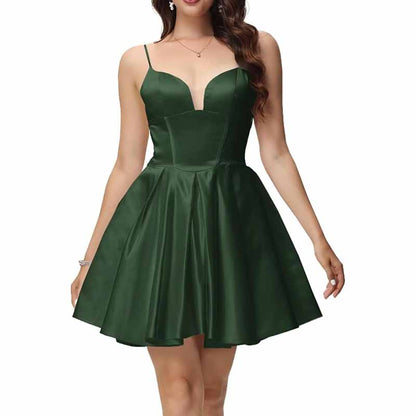 Women's Satin Homecoming Dresses for Teens Short Prom Dresses with Pockets