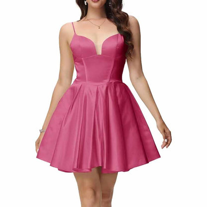 Women's Satin Homecoming Dresses for Teens Short Prom Dresses with Pockets