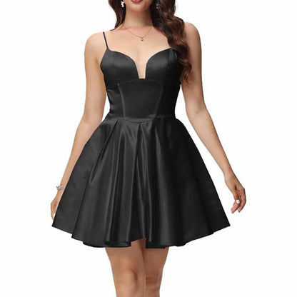 Women's Satin Homecoming Dresses for Teens Short Prom Dresses with Pockets