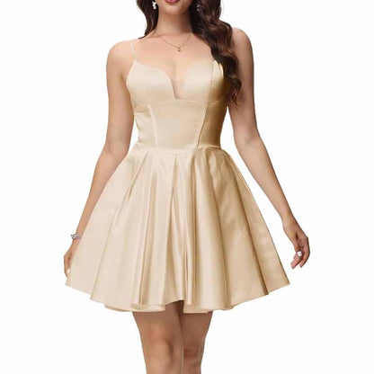 Women's Satin Homecoming Dresses for Teens Short Prom Dresses with Pockets