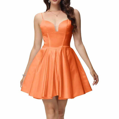 Women's Satin Homecoming Dresses for Teens Short Prom Dresses with Pockets