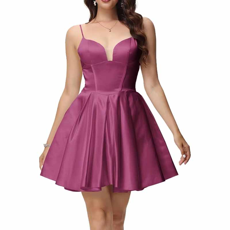 Women's Satin Homecoming Dresses for Teens Short Prom Dresses with Pockets