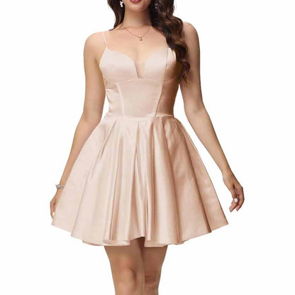 Women's Satin Homecoming Dresses for Teens Short Prom Dresses with Pockets