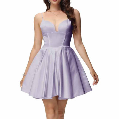 Women's Satin Homecoming Dresses for Teens Short Prom Dresses with Pockets