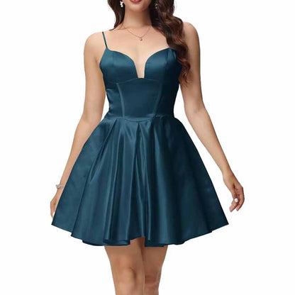 Women's Satin Homecoming Dresses for Teens Short Prom Dresses with Pockets