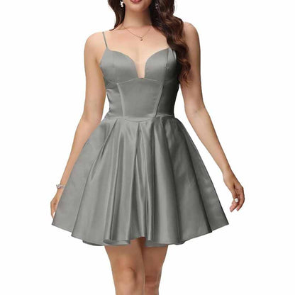 Women's Satin Homecoming Dresses for Teens Short Prom Dresses with Pockets