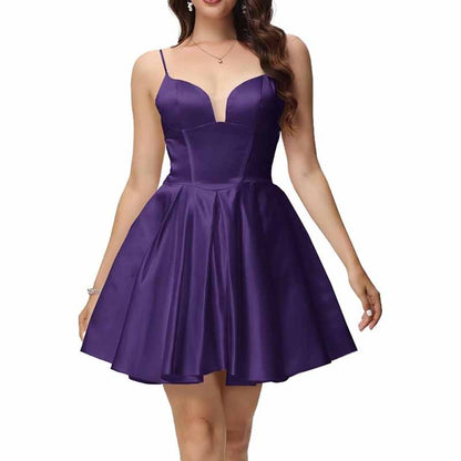 Women's Satin Homecoming Dresses for Teens Short Prom Dresses with Pockets