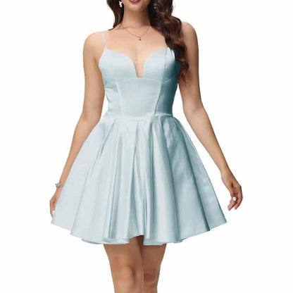 Women's Satin Homecoming Dresses for Teens Short Prom Dresses with Pockets