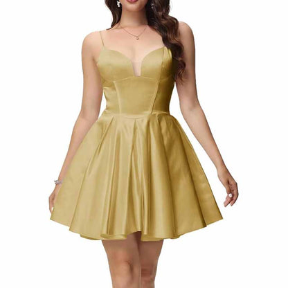 Women's Satin Homecoming Dresses for Teens Short Prom Dresses with Pockets