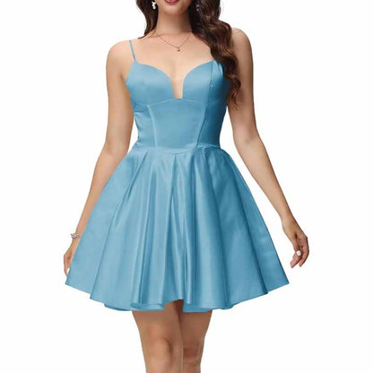 Women's Satin Homecoming Dresses for Teens Short Prom Dresses with Pockets