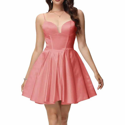 Women's Satin Homecoming Dresses for Teens Short Prom Dresses with Pockets
