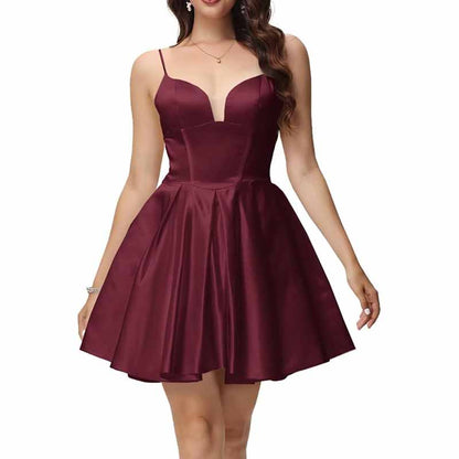Women's Satin Homecoming Dresses for Teens Short Prom Dresses with Pockets