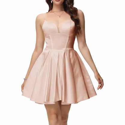 Women's Satin Homecoming Dresses for Teens Short Prom Dresses with Pockets