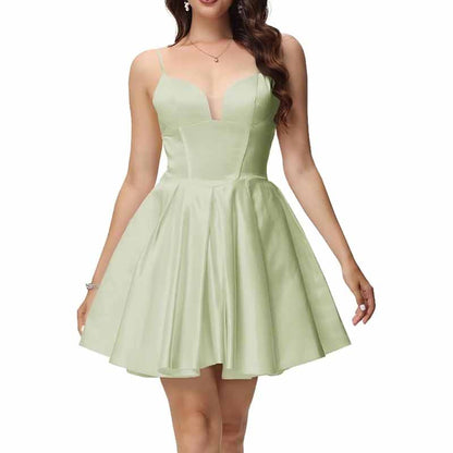 Women's Satin Homecoming Dresses for Teens Short Prom Dresses with Pockets