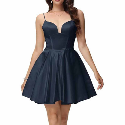 Women's Satin Homecoming Dresses for Teens Short Prom Dresses with Pockets