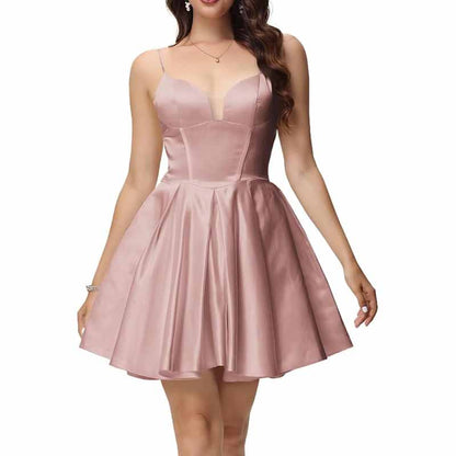 Women's Satin Homecoming Dresses for Teens Short Prom Dresses with Pockets