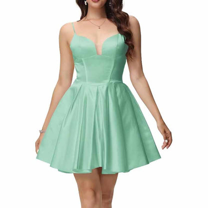 Women's Satin Homecoming Dresses for Teens Short Prom Dresses with Pockets