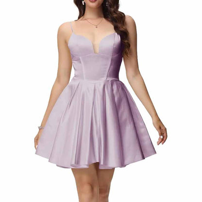 Women's Satin Homecoming Dresses for Teens Short Prom Dresses with Pockets