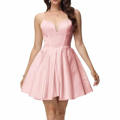 Women's Satin Homecoming Dresses for Teens Short Prom Dresses with Pockets