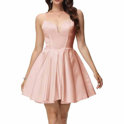 Women's Satin Homecoming Dresses for Teens Short Prom Dresses with Pockets