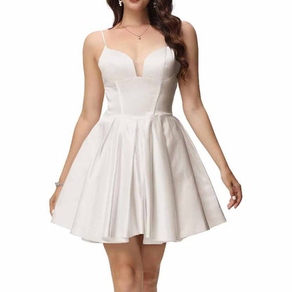 Women's Satin Homecoming Dresses for Teens Short Prom Dresses with Pockets